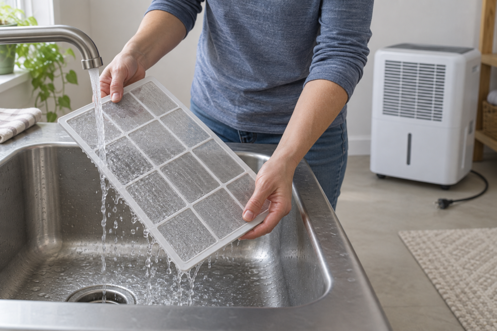 Removable dehumidifier mesh filter being rinsed under clean water while the unplugged appliance sits safely away from the sink.