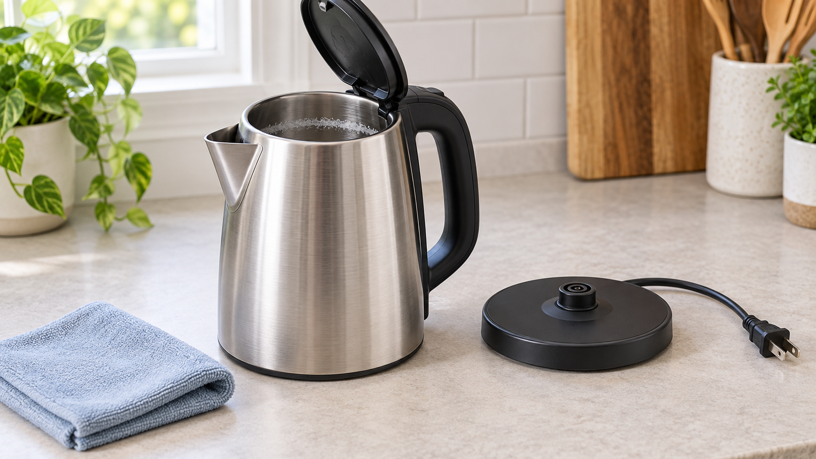 Cooled unplugged stainless-steel electric kettle beside its dry detached power base and a soft cloth.