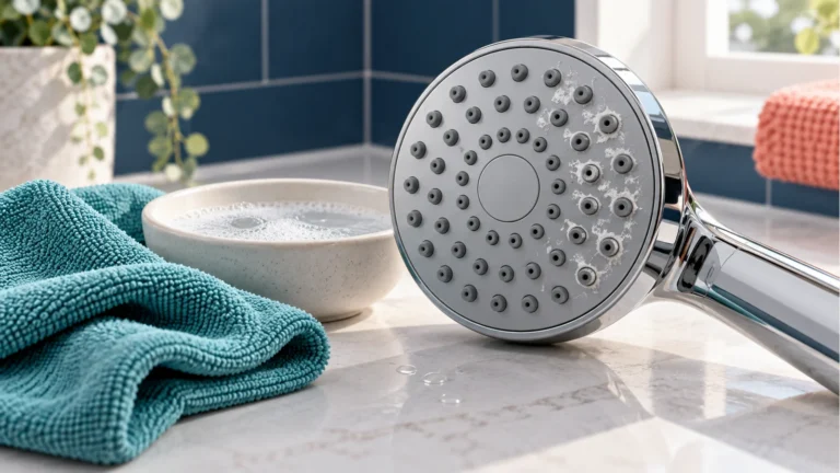 Chrome shower head being cleaned gently with a soft cloth to remove mineral buildup
