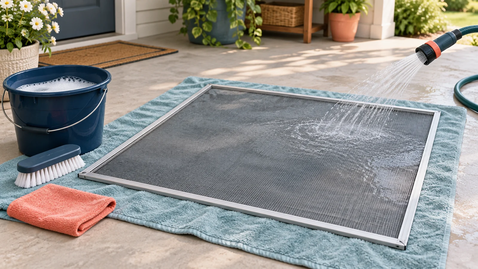 Removable window screen being cleaned gently with a soft brush and mild soapy water