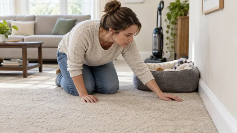 Homeowner inspecting carpet near a pet bed while a vacuum stands ready in the background.