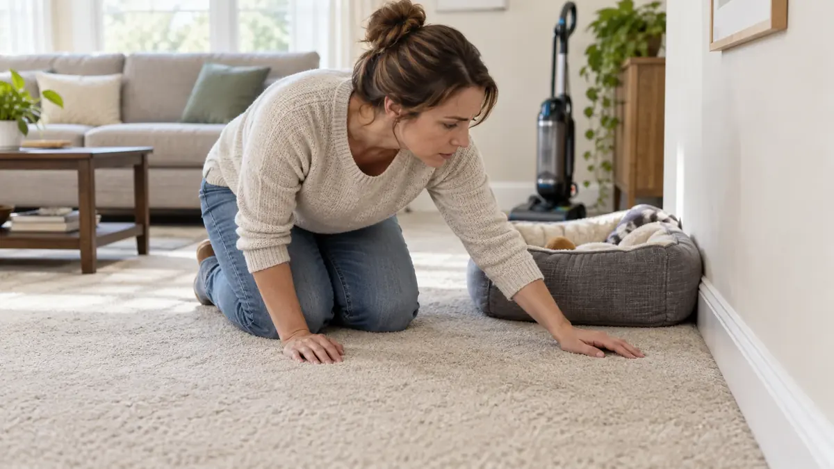 Homeowner inspecting carpet near a pet bed while a vacuum stands ready in the background.