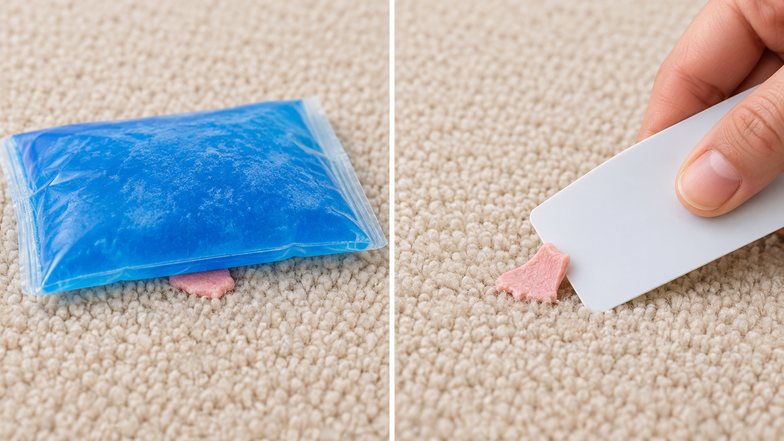 Two-panel illustration showing a sealed cold pack on gum and a smooth plastic card gently lifting the firm gum from pale synthetic carpet.