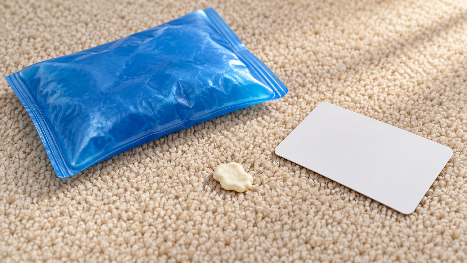 Sealed blue reusable cold pack, small gum spot, and plain white plastic card on pale beige synthetic carpet.