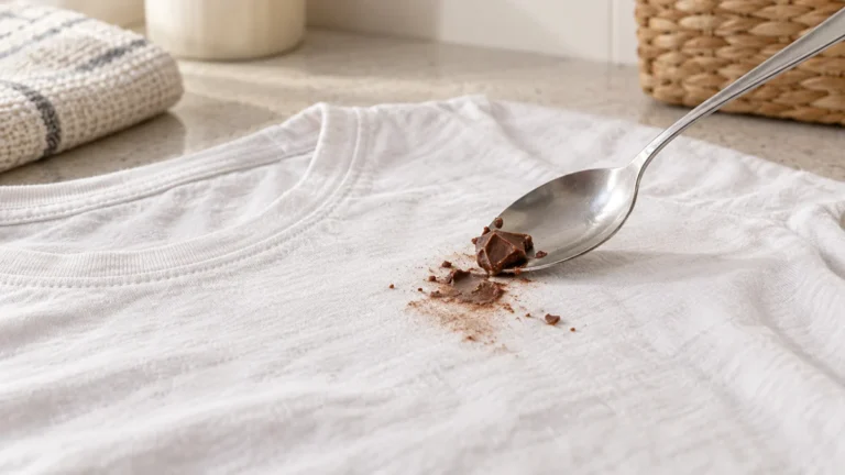 Spoon lifting excess chocolate from a light cotton T-shirt before stain treatment.