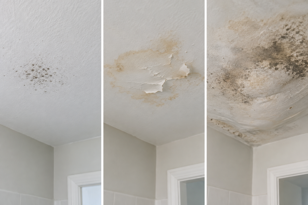 Three bathroom ceiling conditions: small surface mold spots, peeling paint with a water stain, and widespread mold with damaged ceiling material.