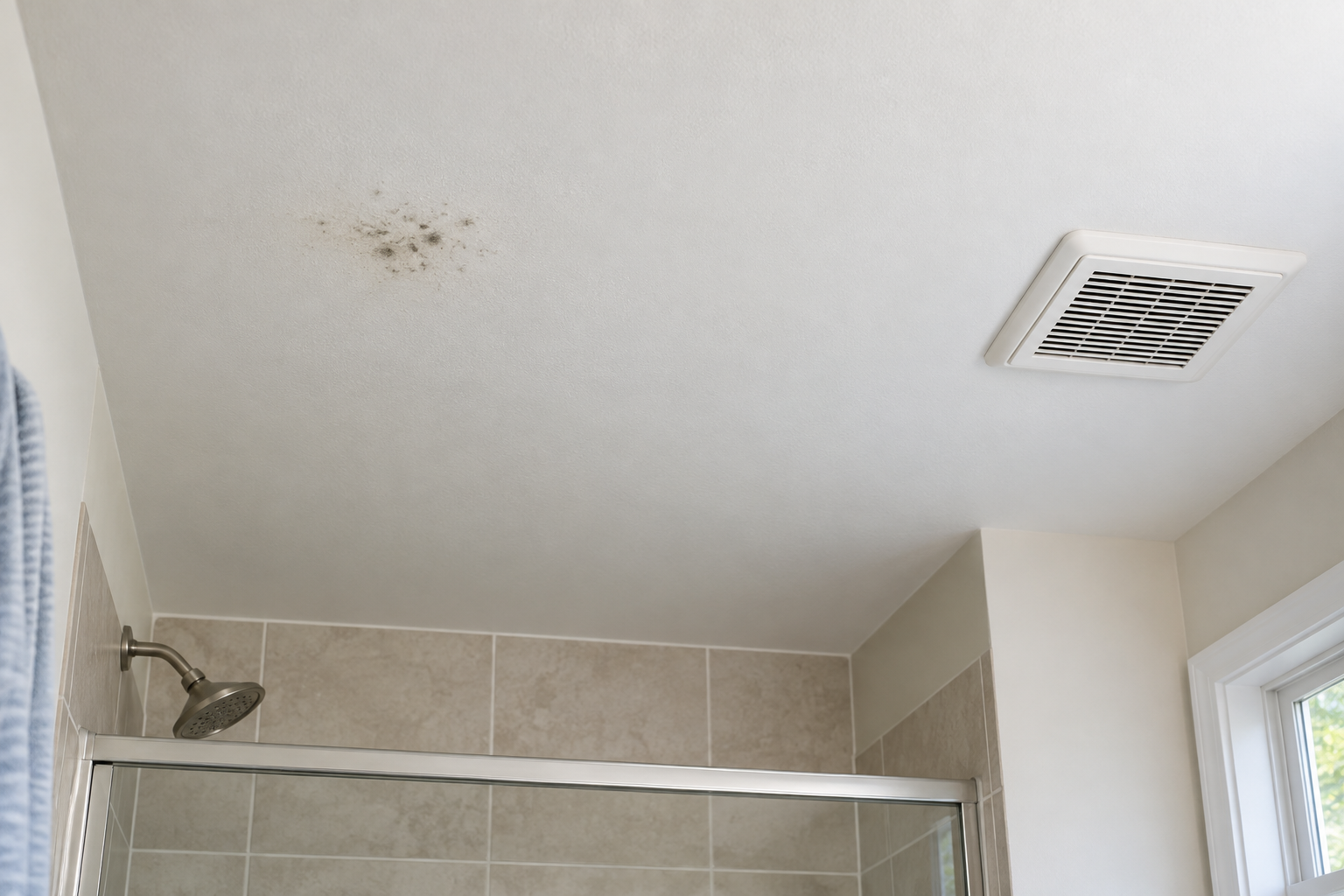 Small dark mold specks on a white bathroom ceiling near an exhaust-fan grille.