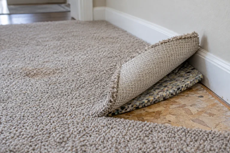Raised carpet corner showing the backing, pad, and subfloor beneath.