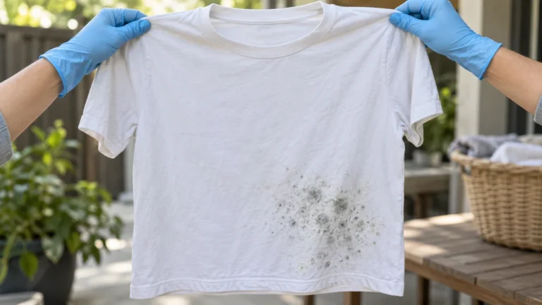 Gloved hands holding a white cotton shirt with a localized patch of mold outdoors.
