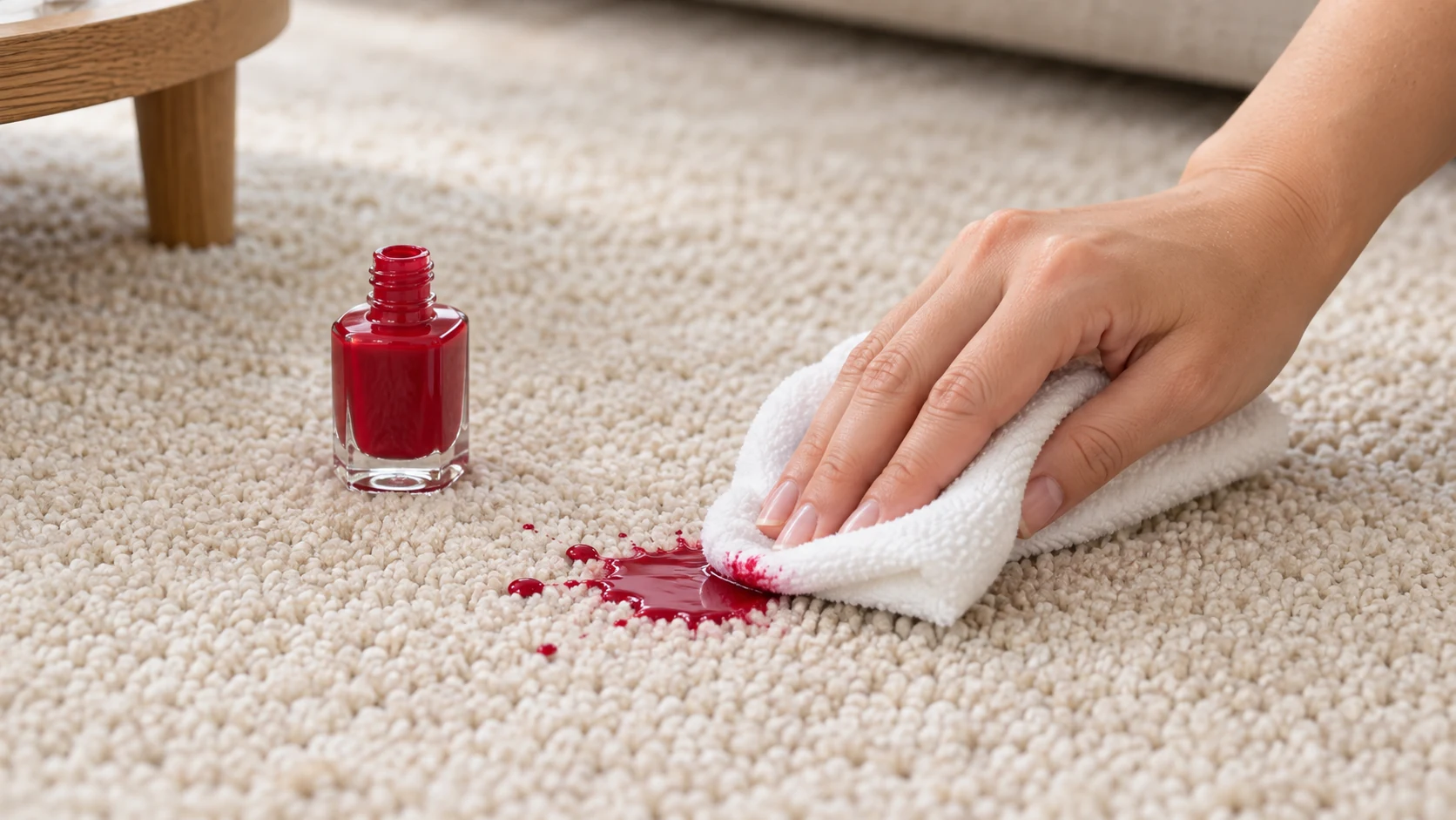 A clean white cloth blotting a small red nail-polish spill on a light beige carpet beside an upright open polish bottle.