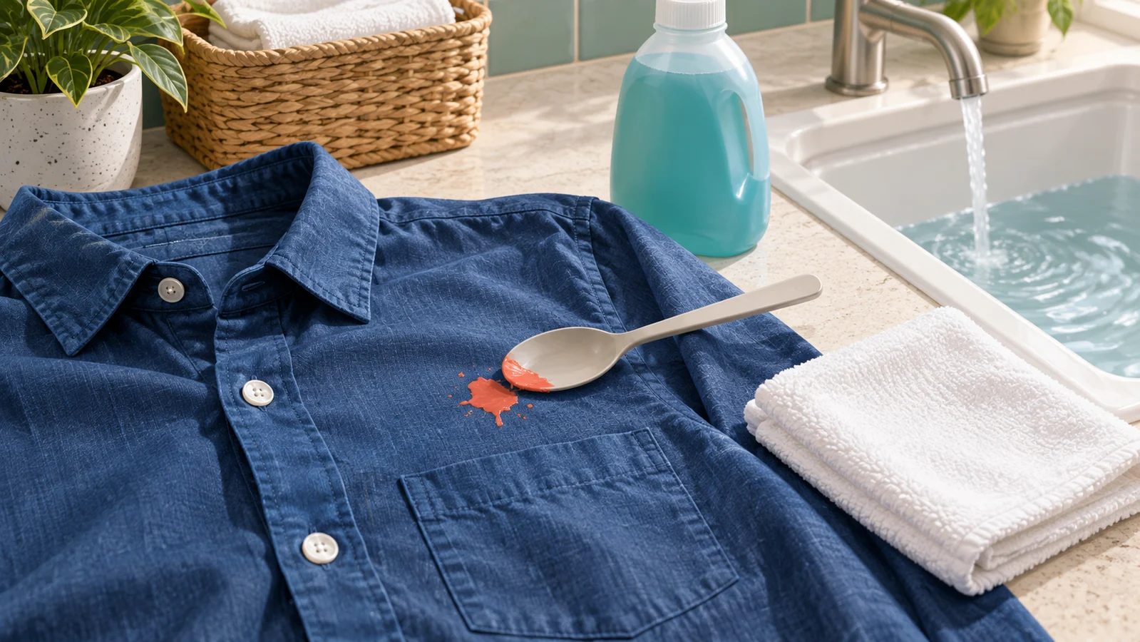 Blue shirt with a fresh paint stain being lifted gently beside a laundry sink