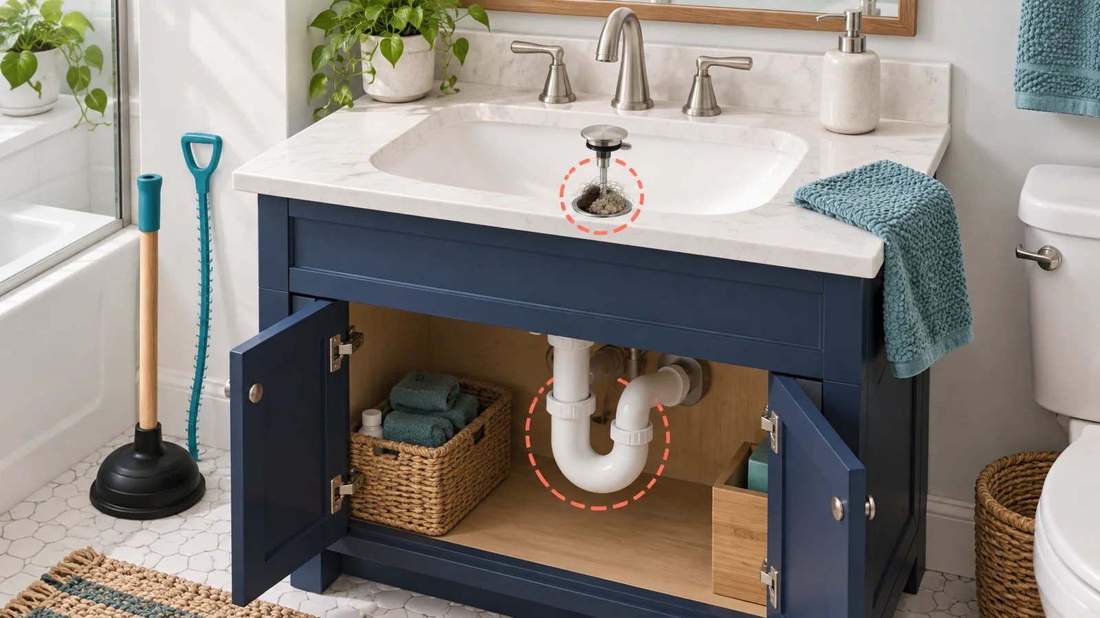 Bathroom sink stopper, drain opening, P-trap, sink plunger, and plastic hair-removal tool
