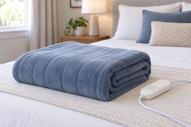 Generic folded blue-gray heated blanket with a detached white controller on a bed.