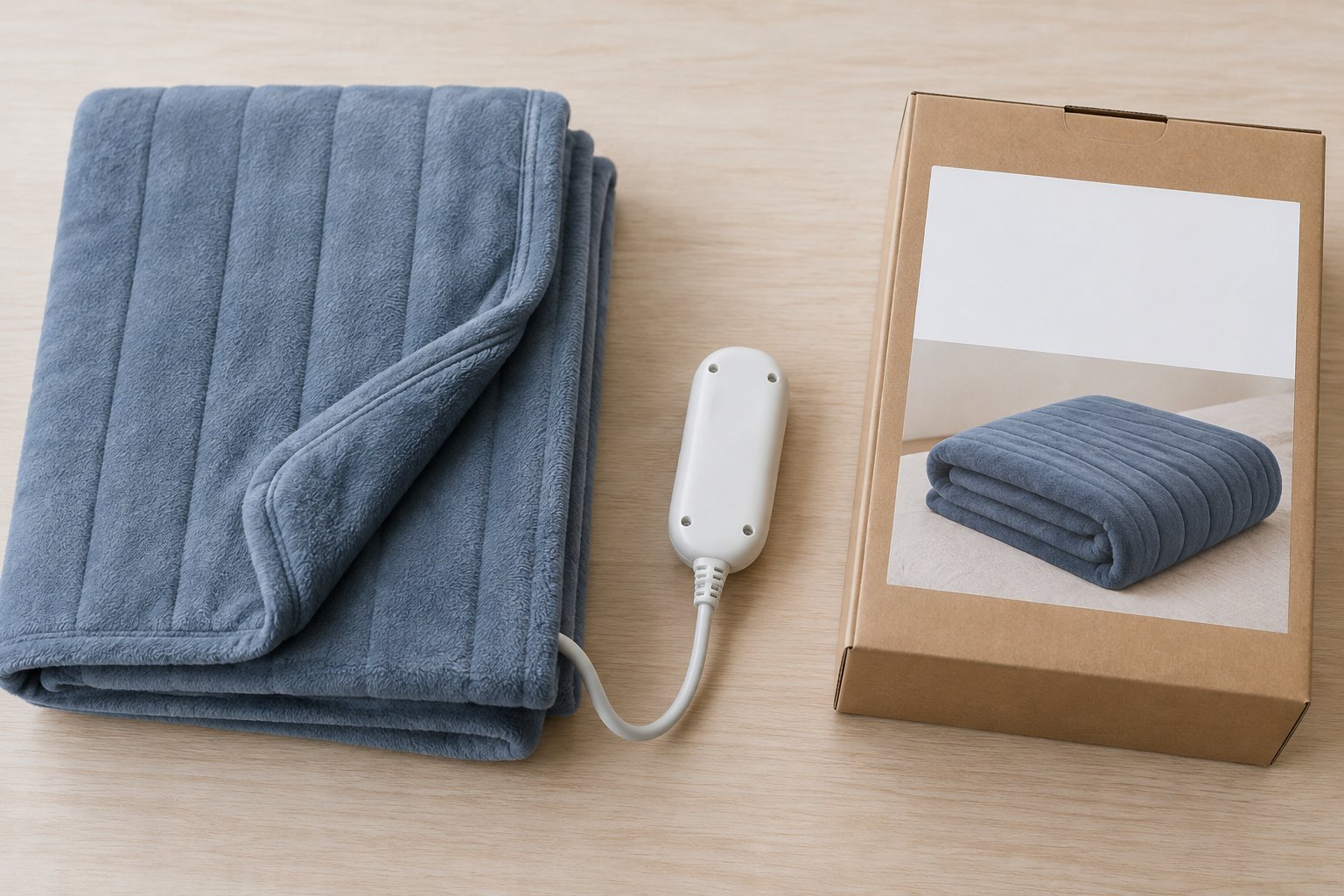 Generic heated blanket, detachable white remote and product box arranged for a product-identification check.