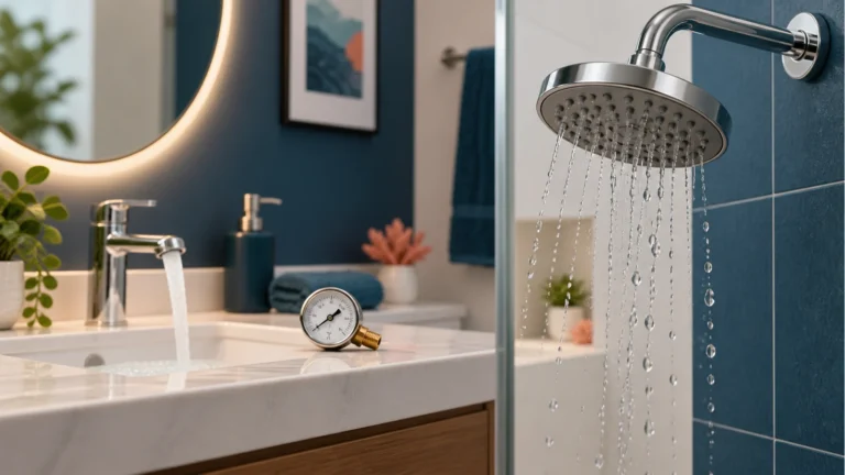 Weak shower spray compared with normal faucet flow and a water-pressure gauge