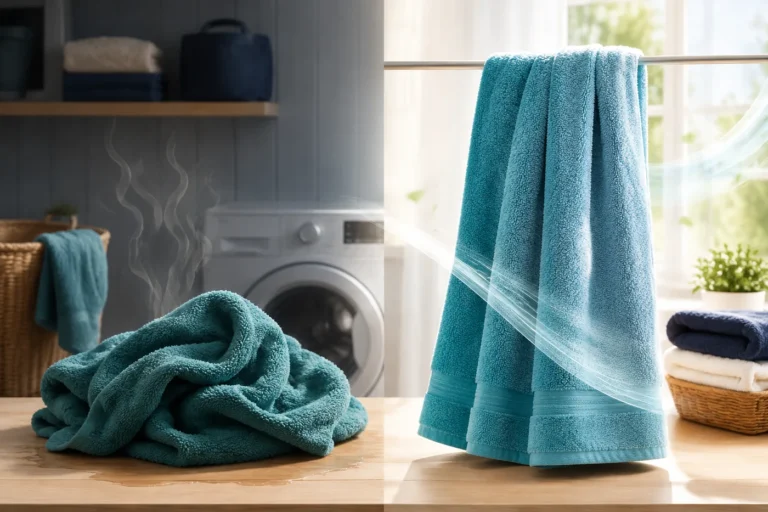 Damp towels compared with towels hung separately to dry with airflow