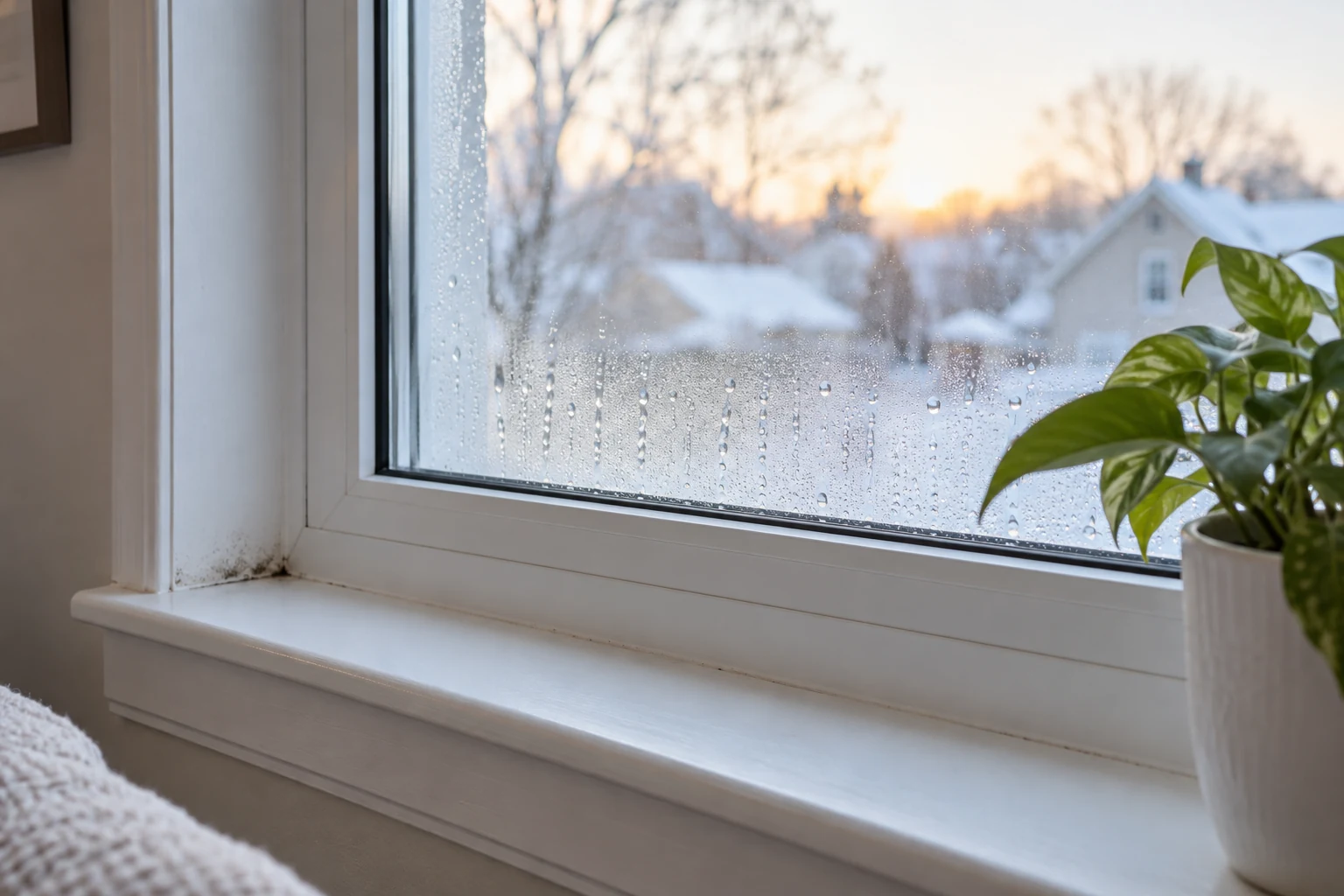 Interior window with condensation on the room-side glass and a small patch of moisture spotting at the lower sill.