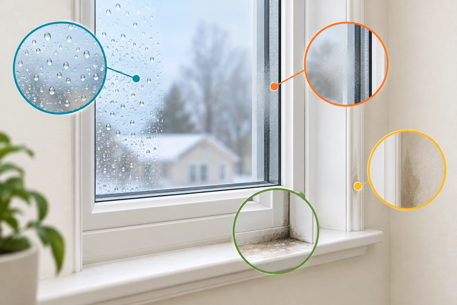 Illustration of moisture on room-side window glass, between panes, at the sill, and on surrounding wall trim.