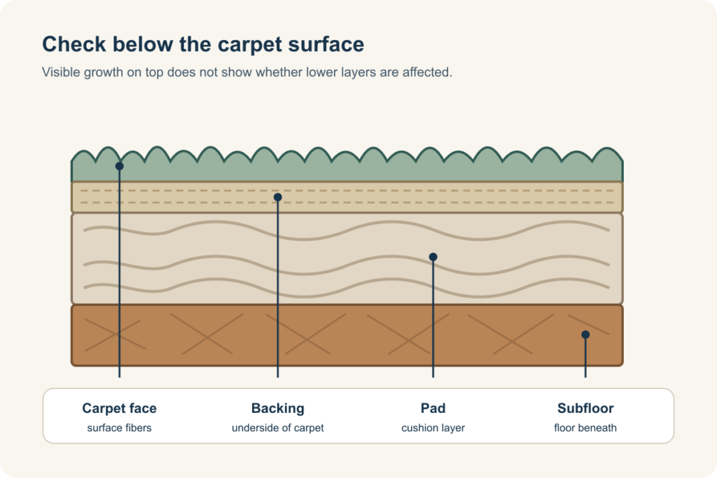 Diagram showing carpet fibers, backing, cushion pad, and subfloor as separate layers.