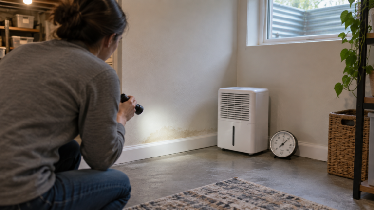 Homeowner using a flashlight to inspect a water-stained basement wall beside a dehumidifier and hygrometer.
