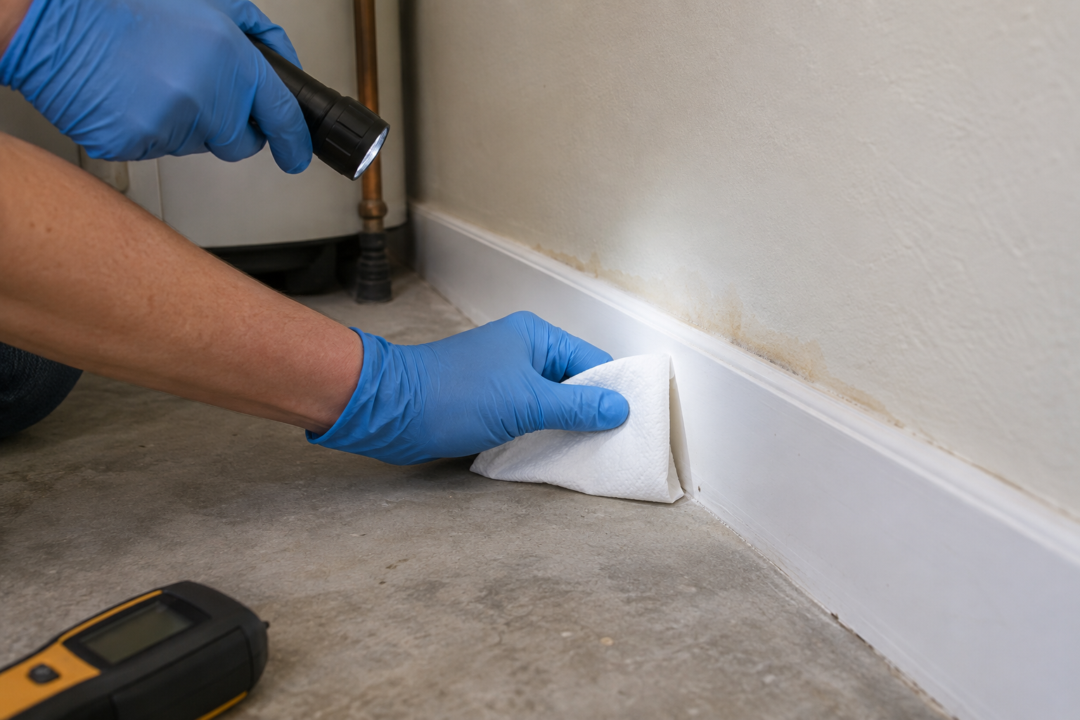 Gloved hands use a dry paper towel and flashlight to inspect a water-stained baseboard for moisture.