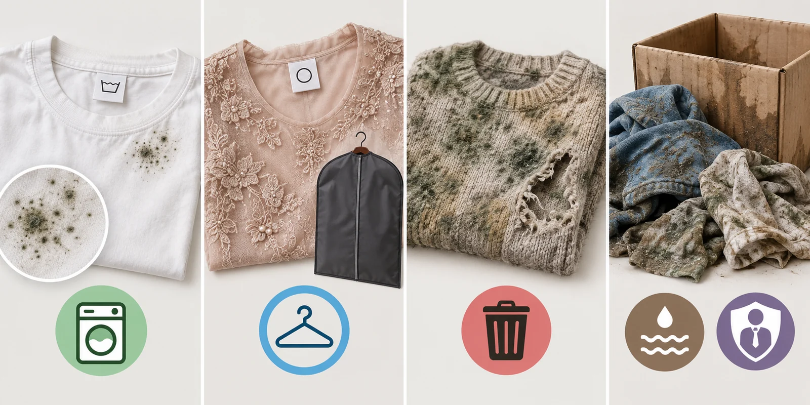Four panels comparing a small washable mold spot, a delicate garment, damaged moldy fabric, and water-damaged stored clothes.