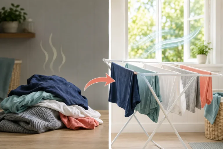 Musty clothes moved from a damp pile to an indoor drying rack with airflow