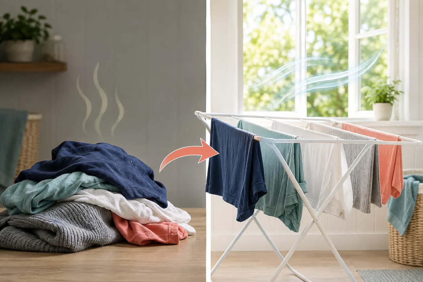 Musty clothes moved from a damp pile to an indoor drying rack with airflow