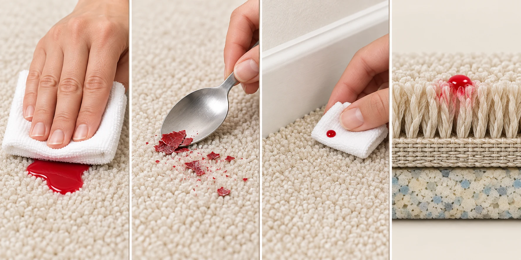 Four panels showing blotting wet nail polish, lifting dried polish with a rounded spoon, testing a cleaner in a hidden carpet edge, and keeping liquid out of the carpet backing.