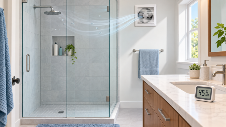 Clean bathroom with an exhaust fan running and a hygrometer reading 45 percent humidity
