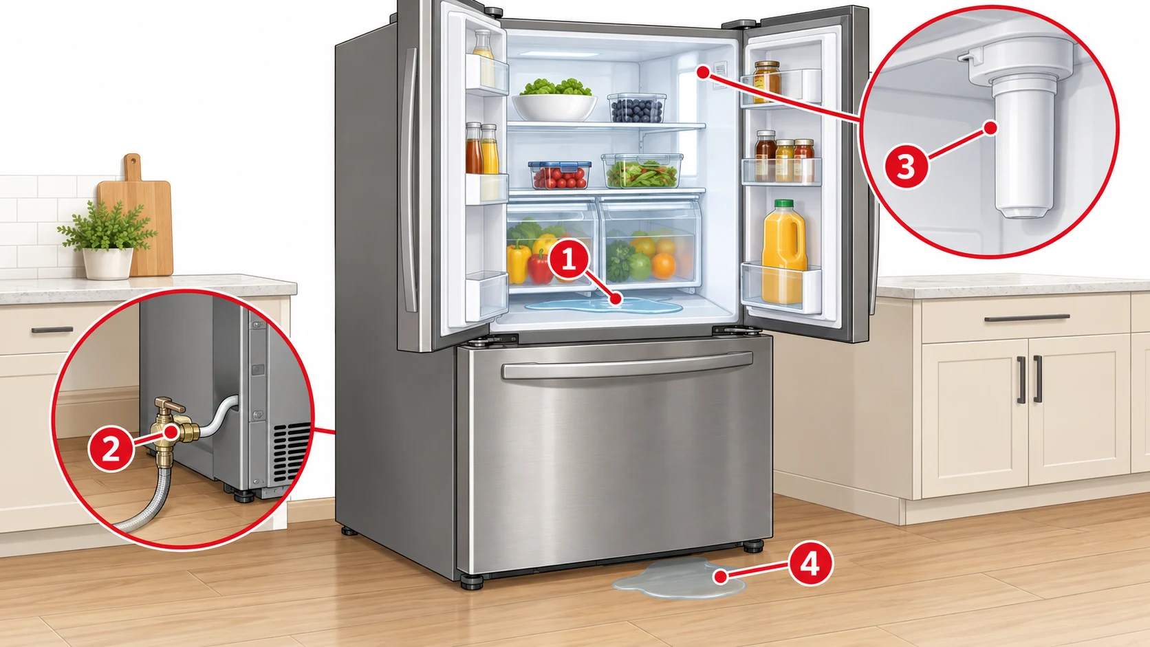 Illustrated refrigerator leak diagnostic showing water under crisper drawers, a rear water connection, the water filter area, and a puddle under the refrigerator.