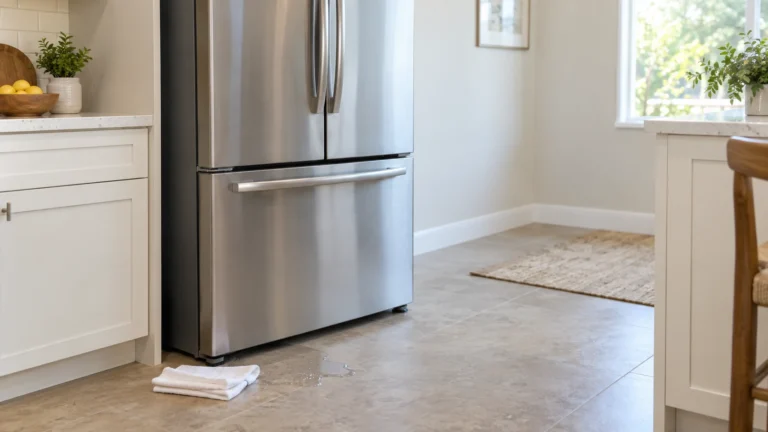 Stainless-steel refrigerator in a kitchen with a small water puddle on the floor and folded towels nearby.
