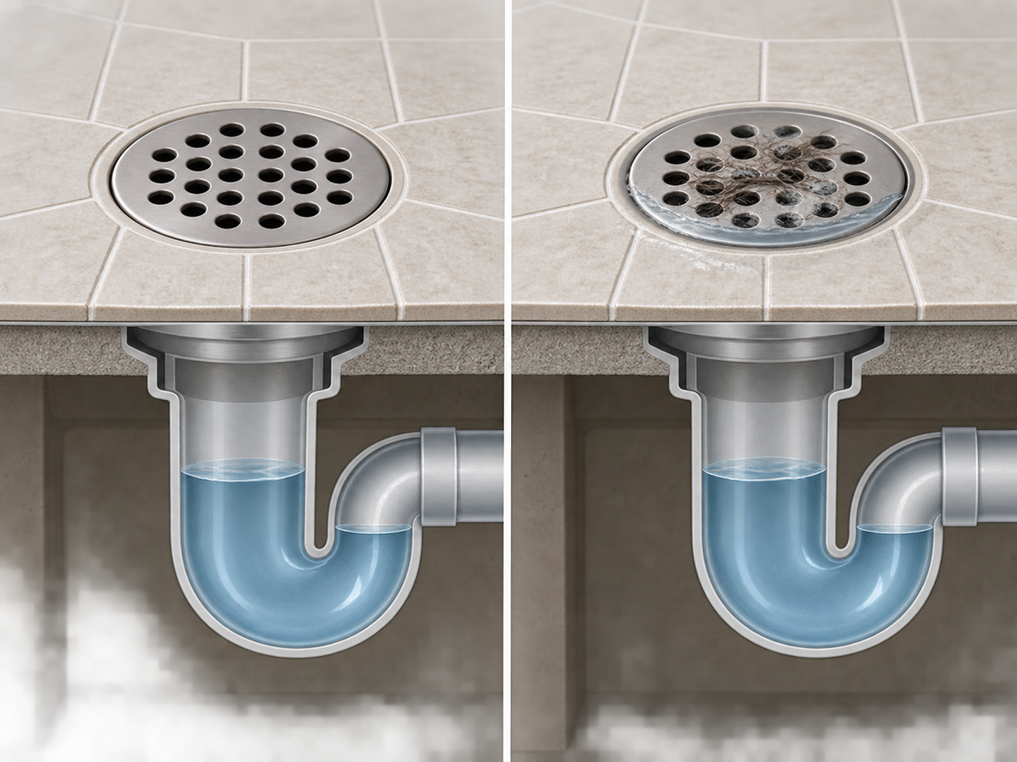 Conceptual side-by-side shower drains: a clean grate and a grate with hair and pooled water; both show water in a trap below.