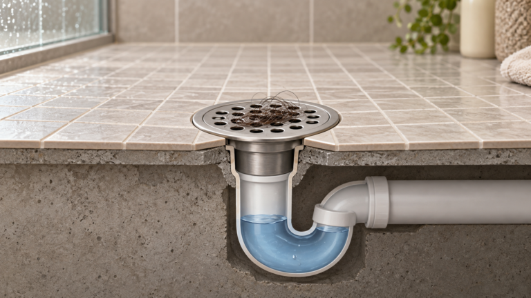 Illustration of a shower floor drain with removable surface debris and a water-filled P-trap beneath it.
