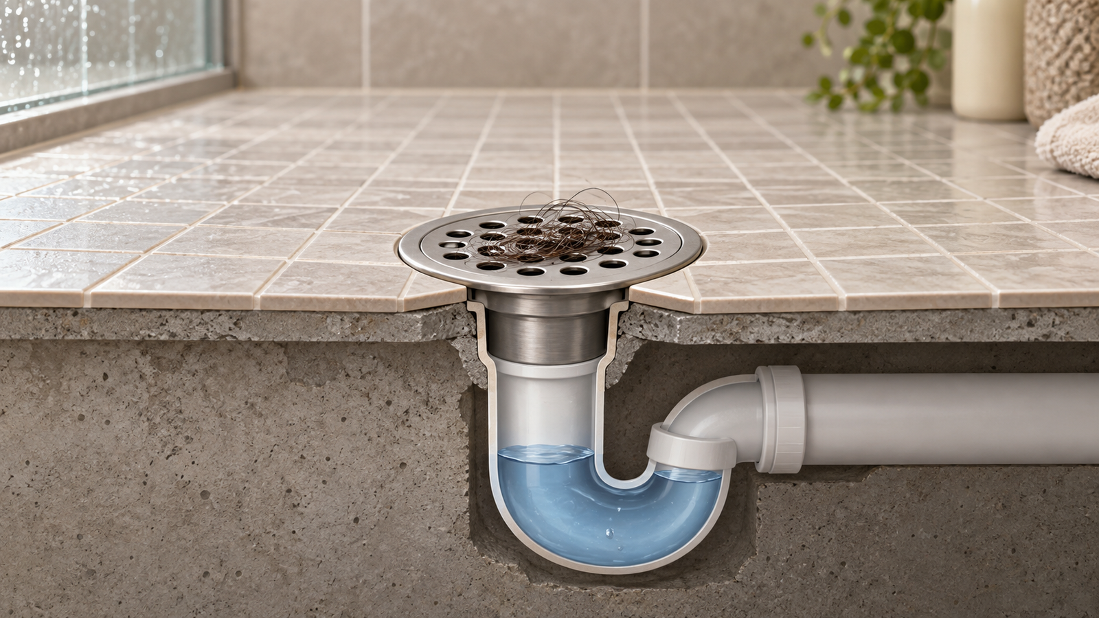 Illustration of a shower floor drain with removable surface debris and a water-filled P-trap beneath it.