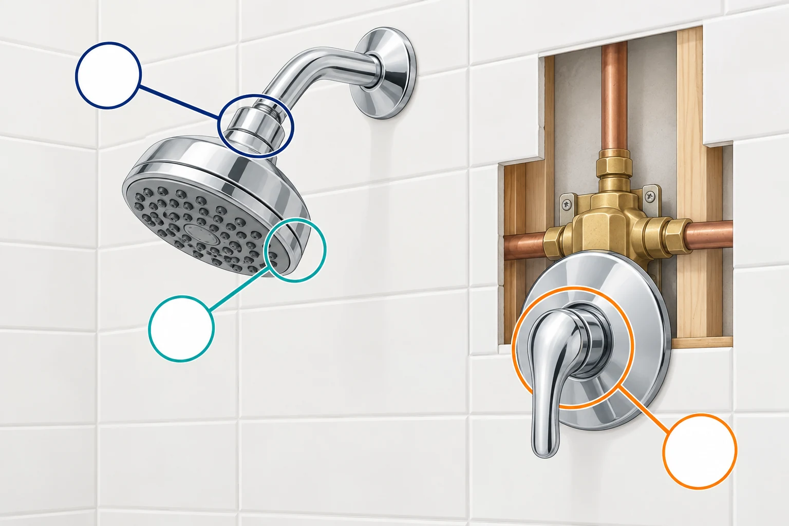 Illustration of a shower head connection, spray face, and shower valve behind the wall with three unlabeled callout circles.