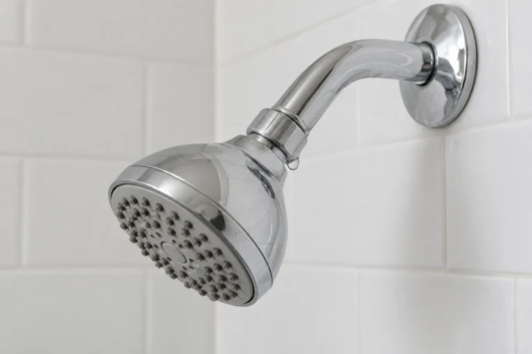 Chrome shower head with a small water bead at the connection to the shower arm.