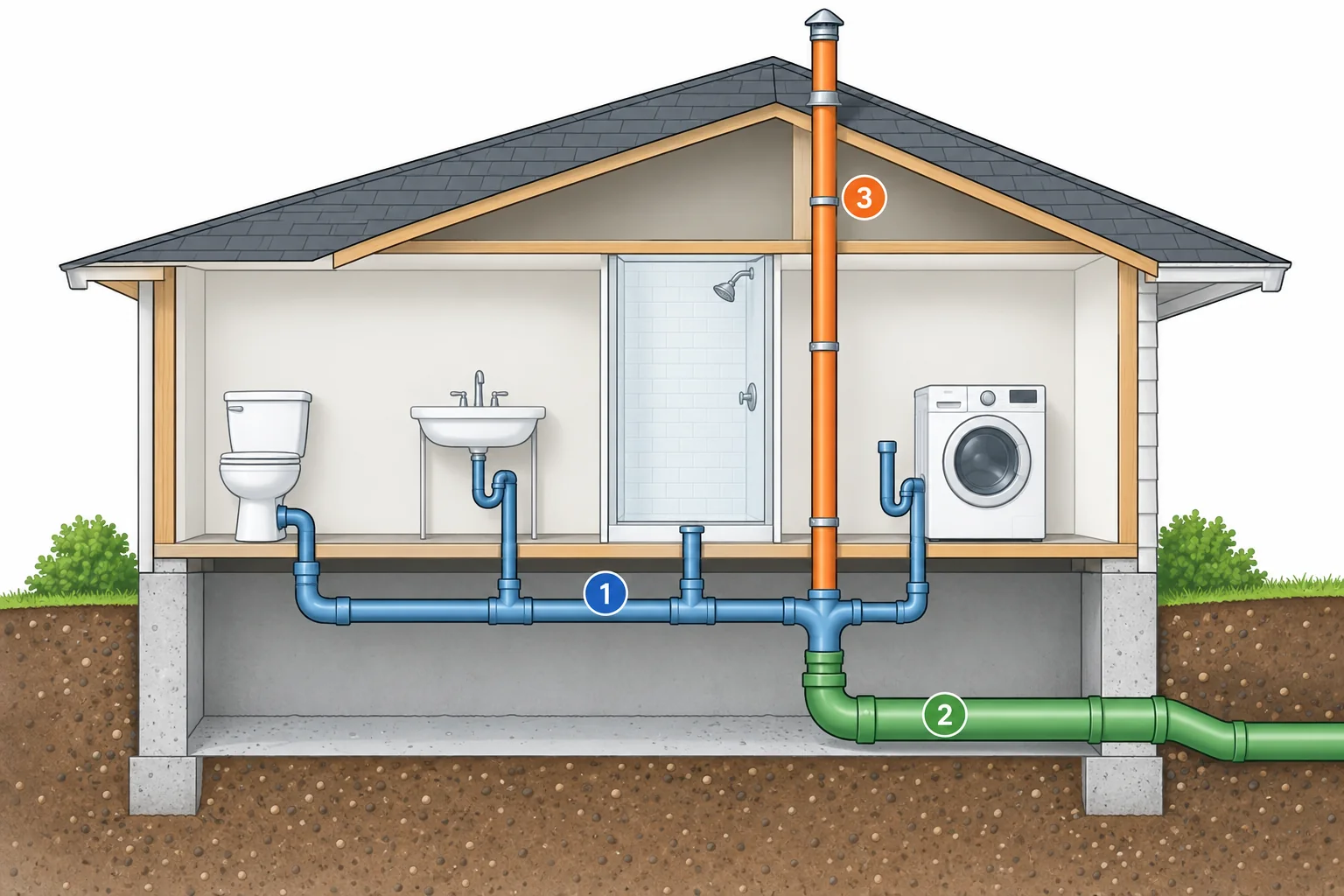 Diagram showing how a toilet connects to a bathroom branch, main household drain, and roof vent.