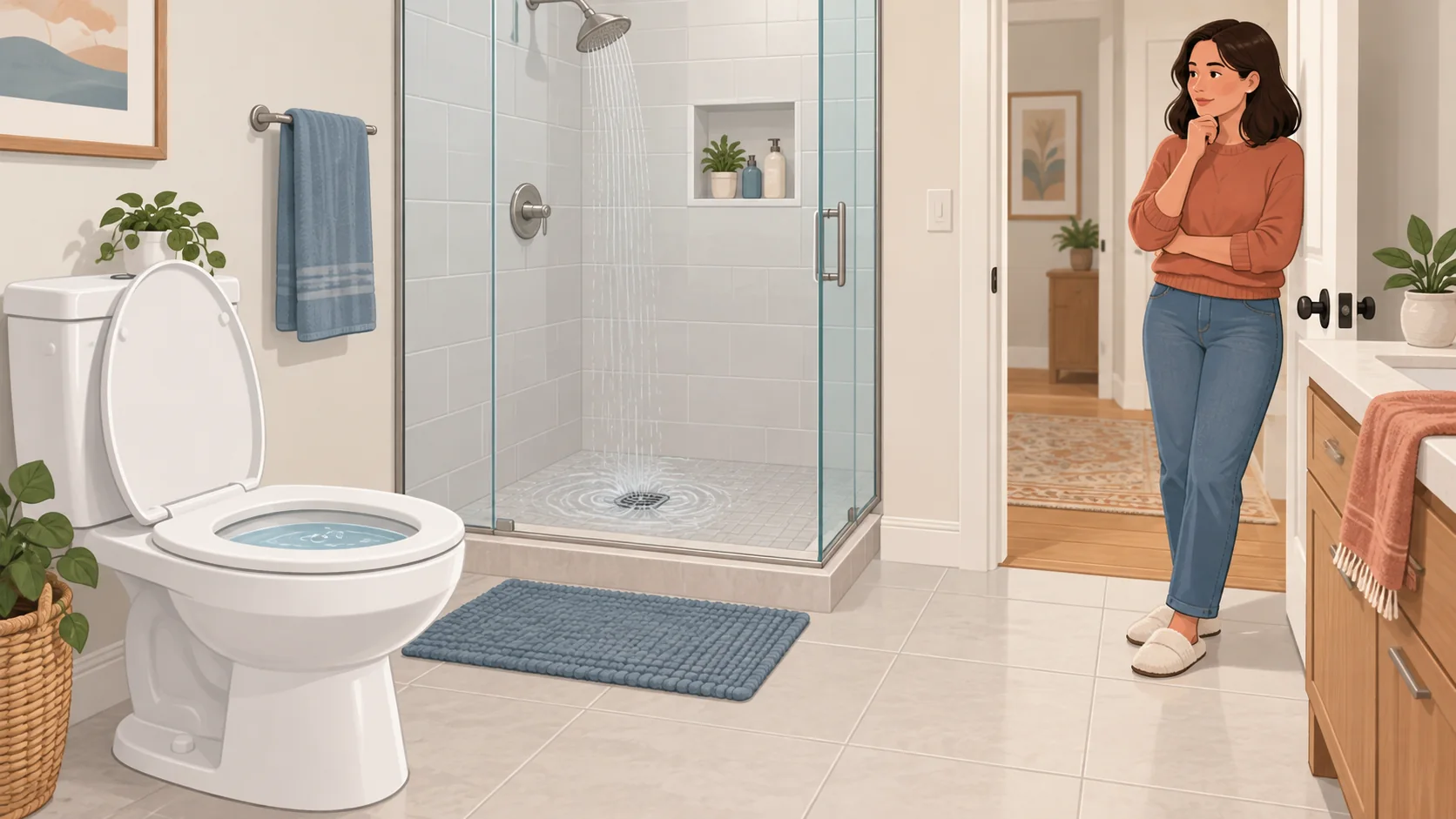 Illustration of a toilet bubbling while a nearby shower drains, a clue to a shared drain or vent problem.