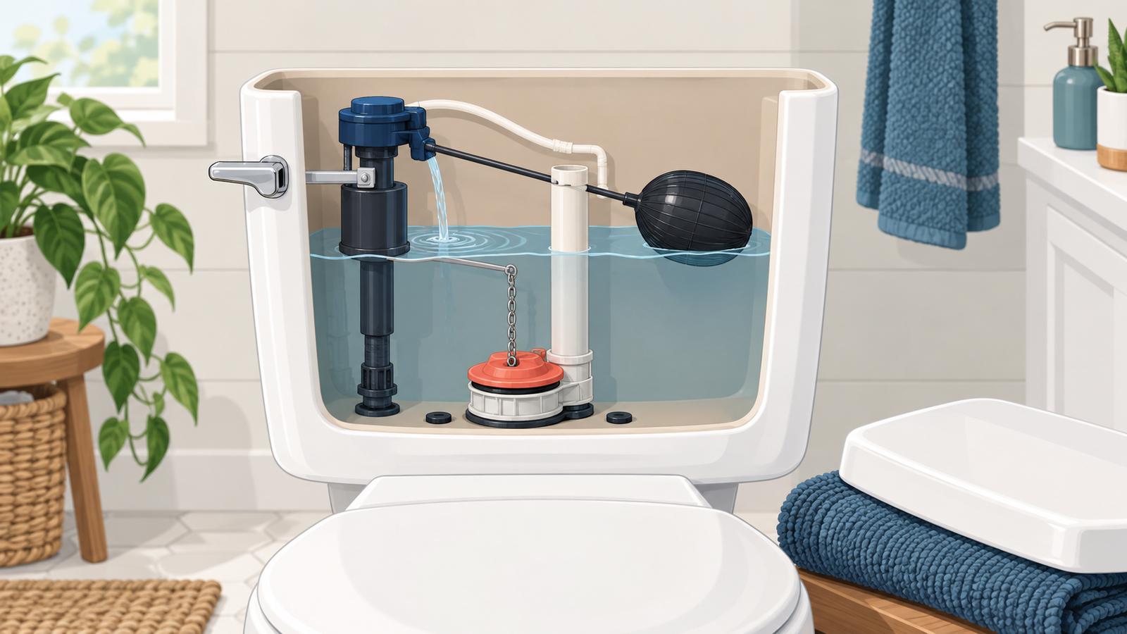 Open gravity toilet tank showing the fill valve, float, overflow tube, flapper, and a subtle running-water path.
