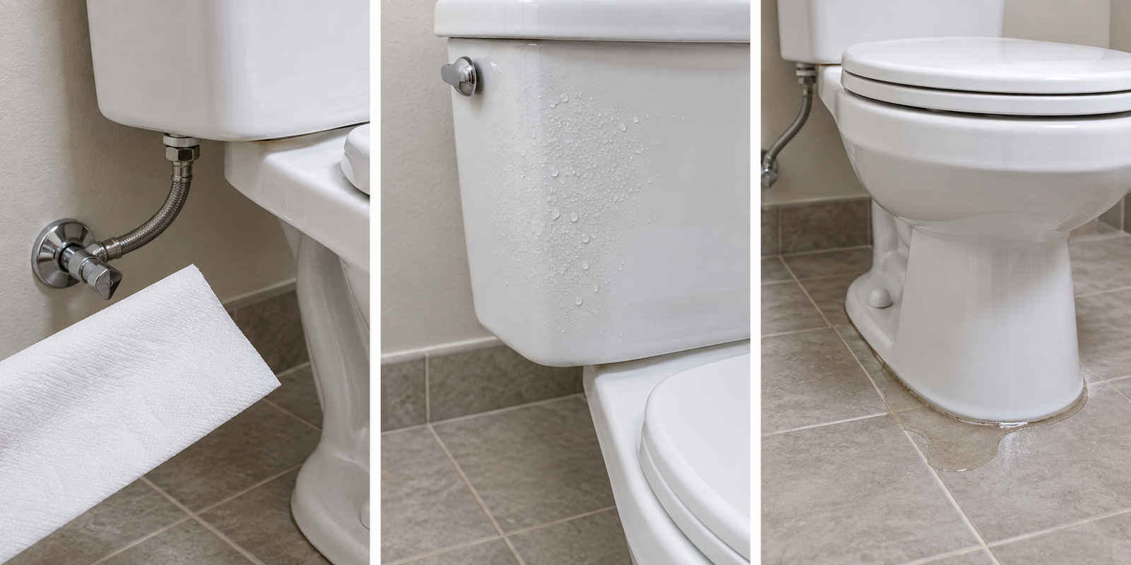Three toilet water clues: a dry paper towel near the supply connection, condensation droplets on a tank, and water emerging at the base after a flush.