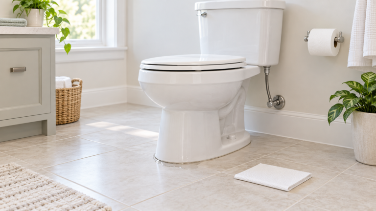 White toilet on a tiled bathroom floor with a small water trace at the front edge of its base and a dry paper towel nearby