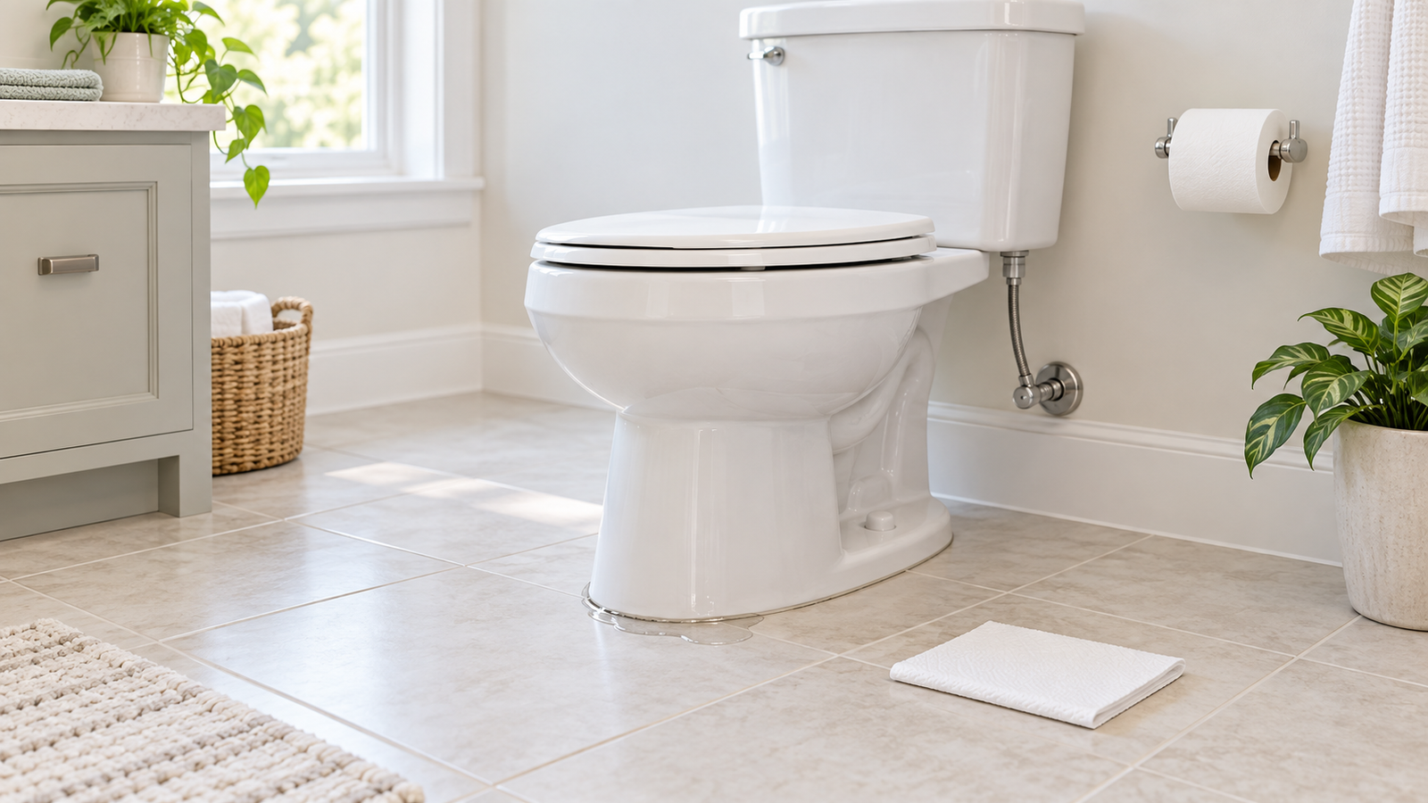 White toilet on a tiled bathroom floor with a small water trace at the front edge of its base and a dry paper towel nearby