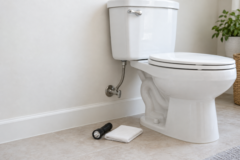 White two-piece toilet with a flashlight and dry paper towel beside the tank and water-supply connection.