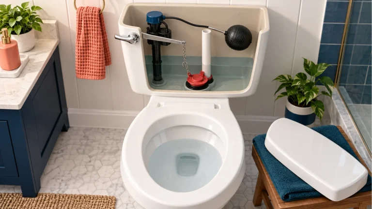 Open toilet tank showing the handle, chain, flapper, fill valve, and low water level