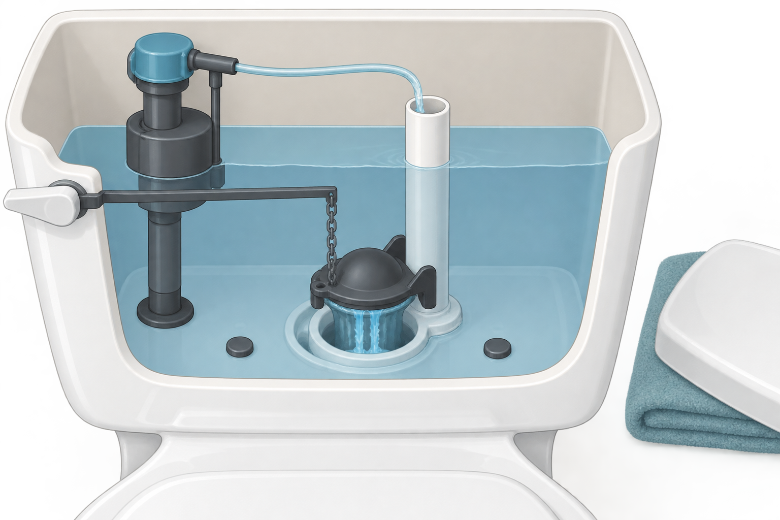 Illustration of an open gravity toilet tank showing the fill valve, overflow tube, flapper, and possible water paths.