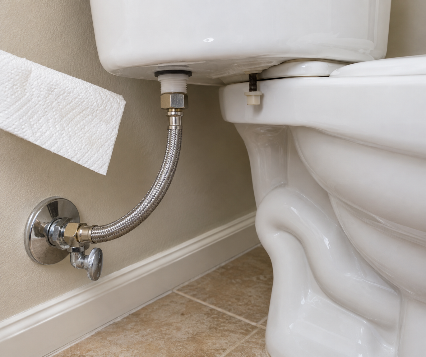 Close view of a toilet tank's braided water-supply line, fill-valve shank, tank bolt, and tank-to-bowl seam with a dry paper towel positioned nearby