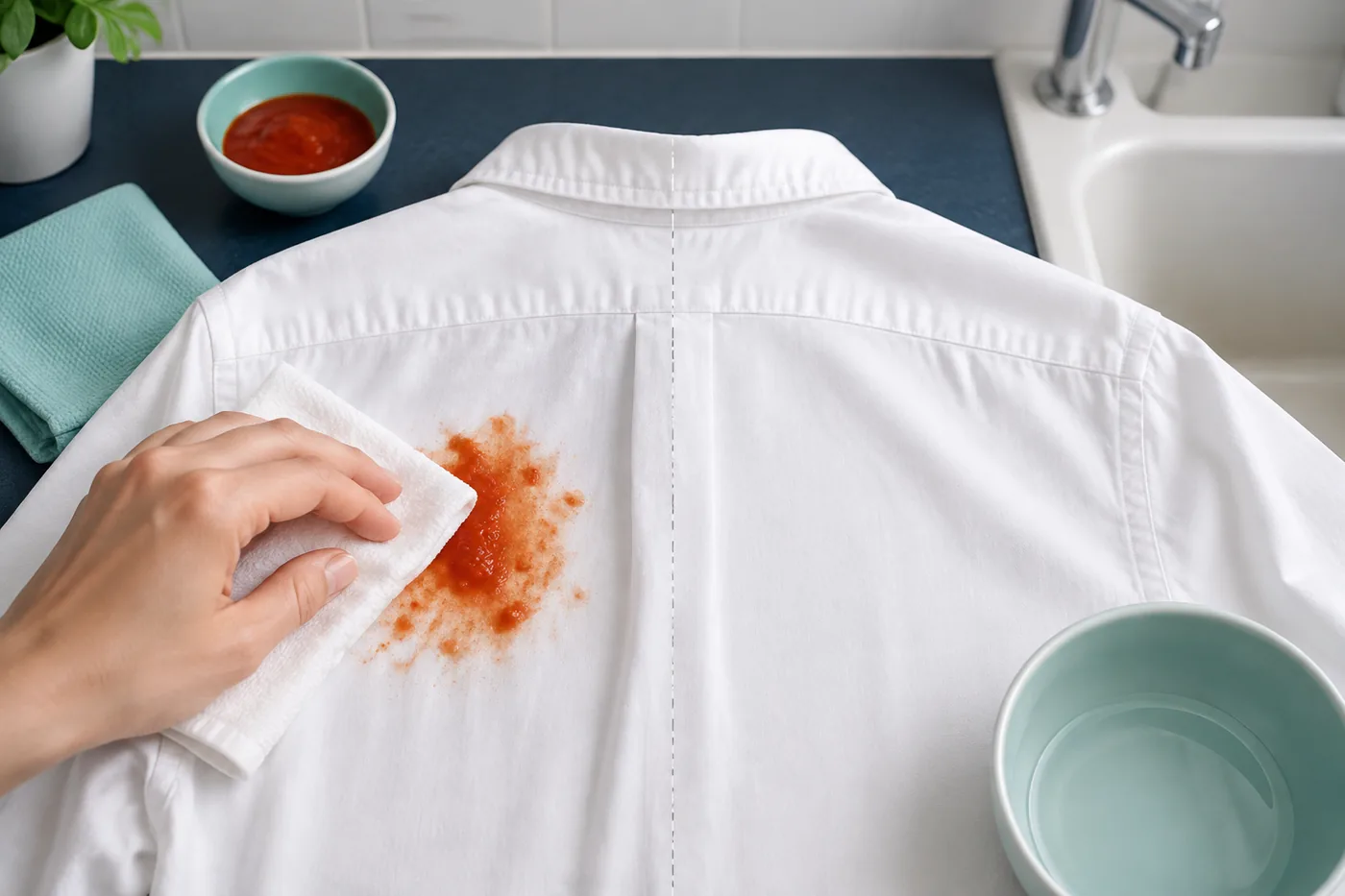 Tomato sauce stain being blotted from a white shirt before washing