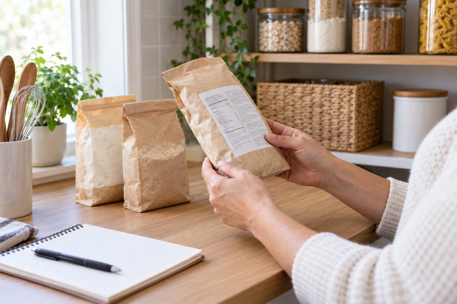 Hand checking an unbranded baking-mix package label on a kitchen counter.