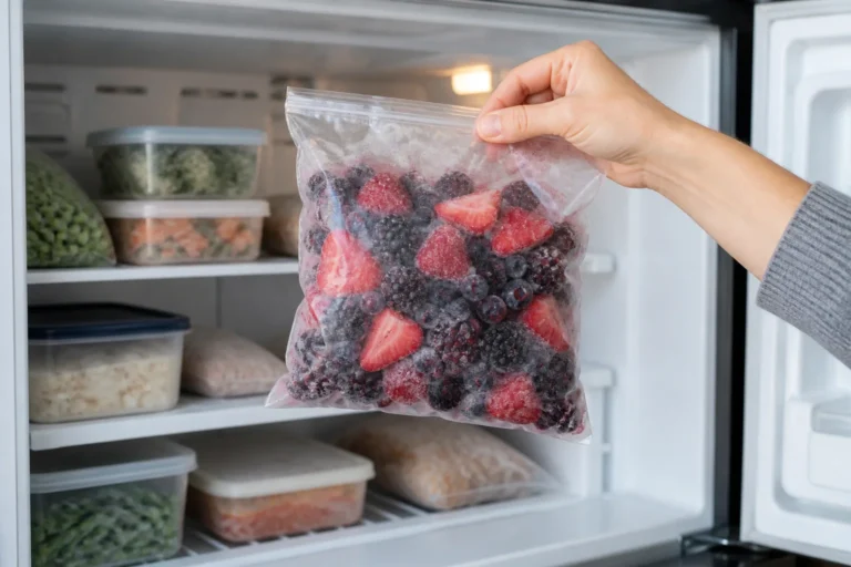 Open household freezer with a sealed bag of frozen mixed berries held at the front for a recall check.